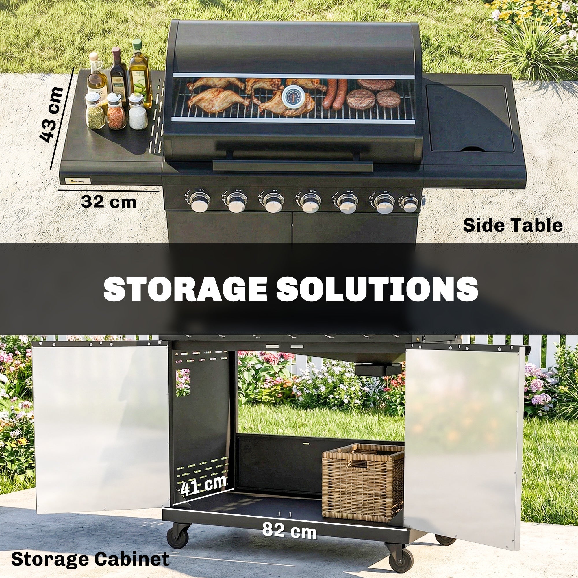 Outsunny 6+1 Burner Gas BBQ Grill, Outdoor Barbecue Trolley with Wheels, Warming Rack, Thermometer, Bottle Opener, Black - SGP Garden Ltd