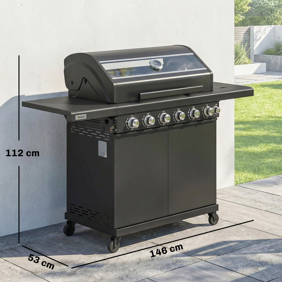 Outsunny 6+1 Burner Gas BBQ Grill, Outdoor Barbecue Trolley with Wheels, Warming Rack, Thermometer, Bottle Opener, Black - SGP Garden Ltd