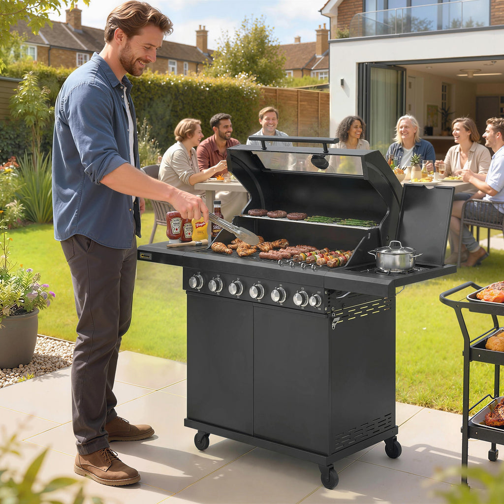 Outsunny 6+1 Burner Gas BBQ Grill, Outdoor Barbecue Trolley with Wheels, Warming Rack, Thermometer, Bottle Opener, Black - SGP Garden Ltd