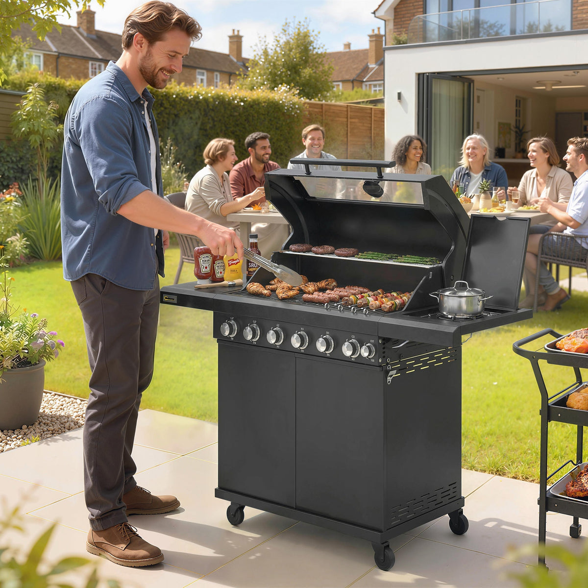 Outsunny 6+1 Burner Gas BBQ Grill, Outdoor Barbecue Trolley with Wheels, Warming Rack, Thermometer, Bottle Opener, Black - SGP Garden Ltd