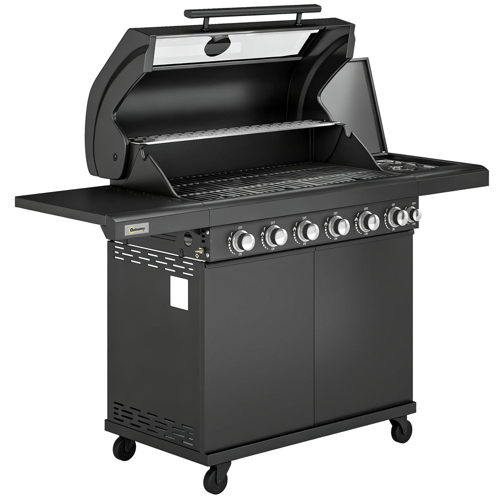 Outsunny 6+1 Burner Gas BBQ Grill, Outdoor Barbecue Trolley with Wheels, Warming Rack, Thermometer, Bottle Opener, Black - SGP Garden Ltd