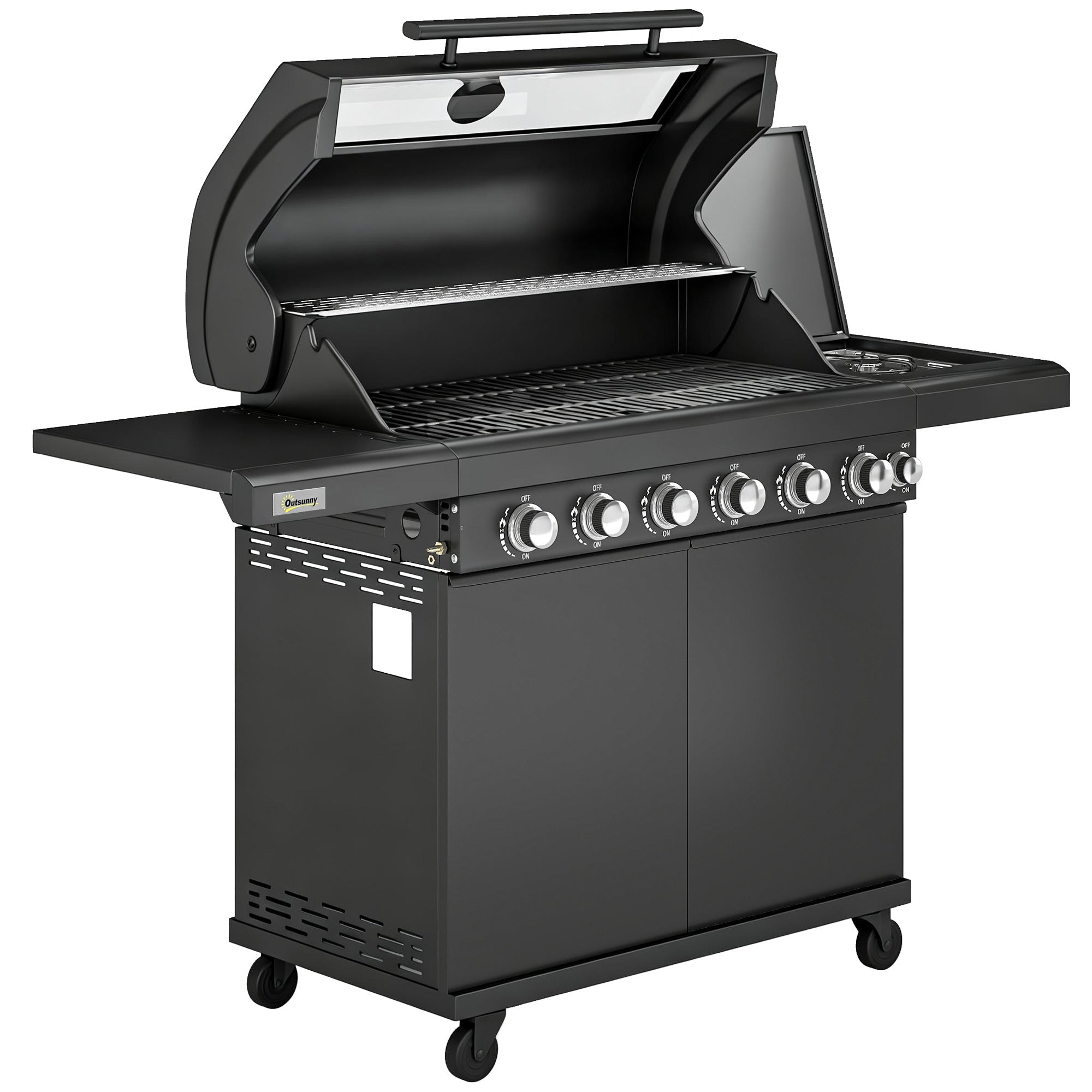 Outsunny 6+1 Burner Gas BBQ Grill, Outdoor Barbecue Trolley with Wheels, Warming Rack, Thermometer, Bottle Opener, Black - SGP Garden Ltd