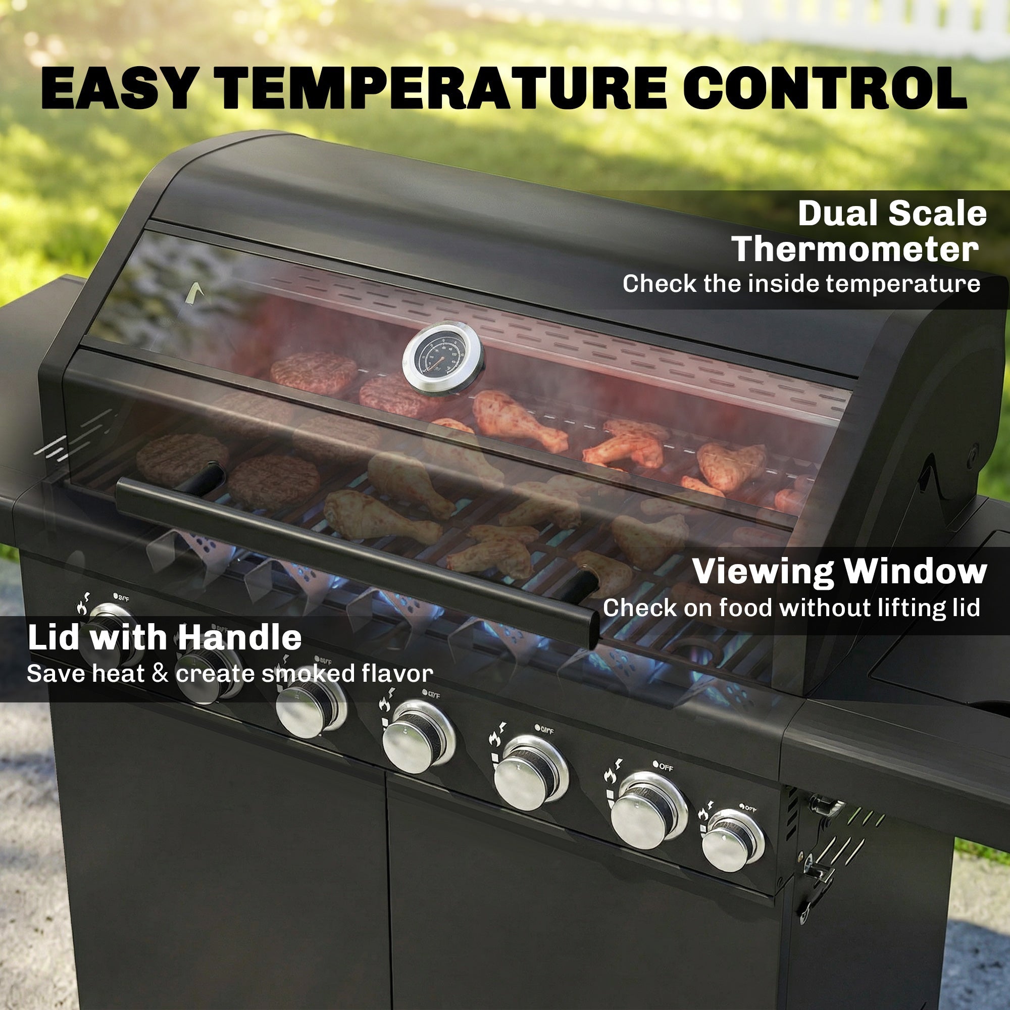 Outsunny 6+1 Burner Gas BBQ Grill, Outdoor Barbecue Trolley with Wheels, Warming Rack, Thermometer, Bottle Opener, Black - SGP Garden Ltd