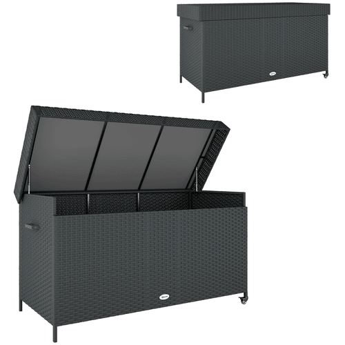 Outsunny 627 L Rattan Garden Storage Box with Gas Lift Lid and Wheels - SGP Garden Ltd