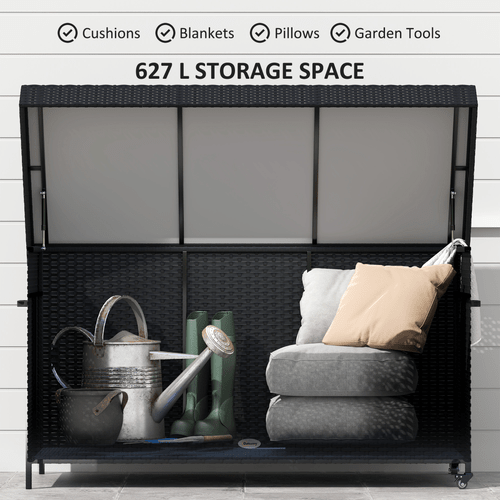 Outsunny 627 L Rattan Garden Storage Box with Gas Lift Lid and Wheels - SGP Garden Ltd