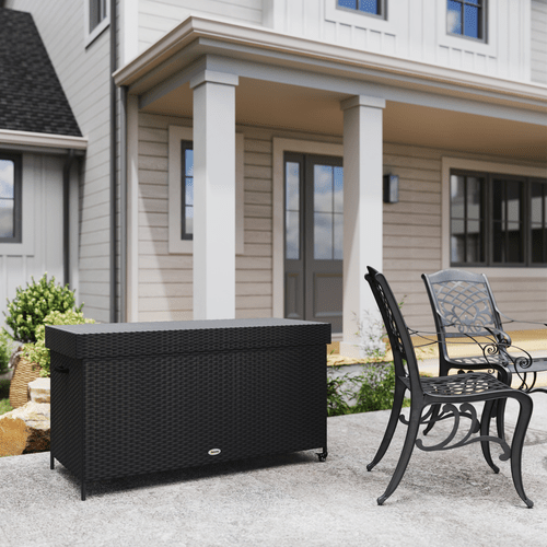 Outsunny 627 L Rattan Garden Storage Box with Gas Lift Lid and Wheels - SGP Garden Ltd