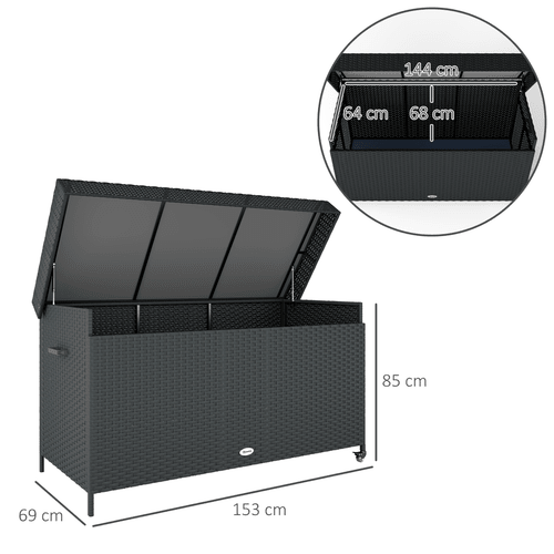 Outsunny 627 L Rattan Garden Storage Box with Gas Lift Lid and Wheels - SGP Garden Ltd