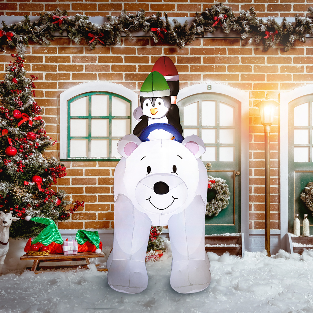 Outsunny 6.4FT Christmas Inflatable Two Penguins Riding on Polar Bear - SGP Garden Ltd