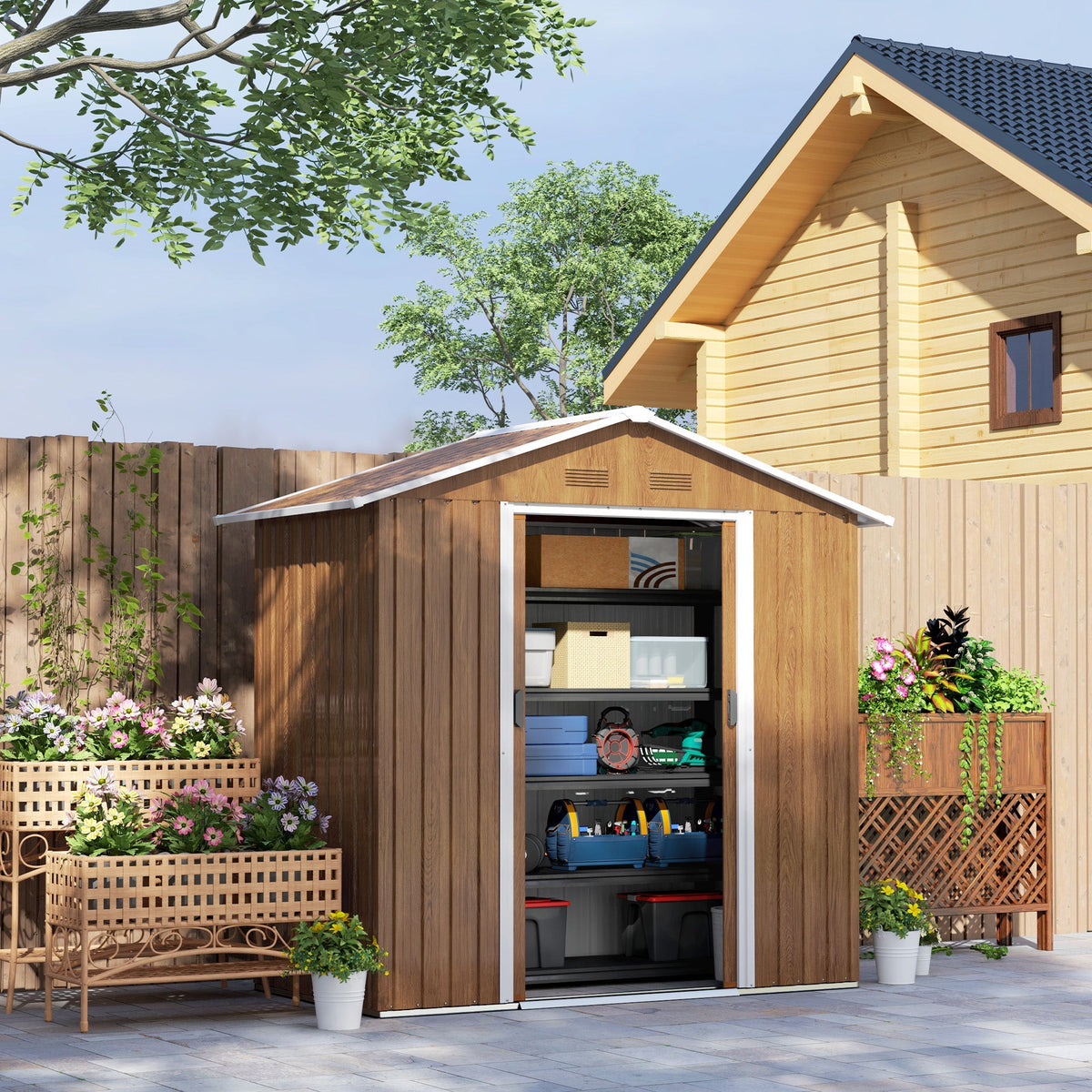Outsunny 6.5 x 3.5ft Metal Garden Storage Shed - Brown Wood Effect - SGP Garden Ltd