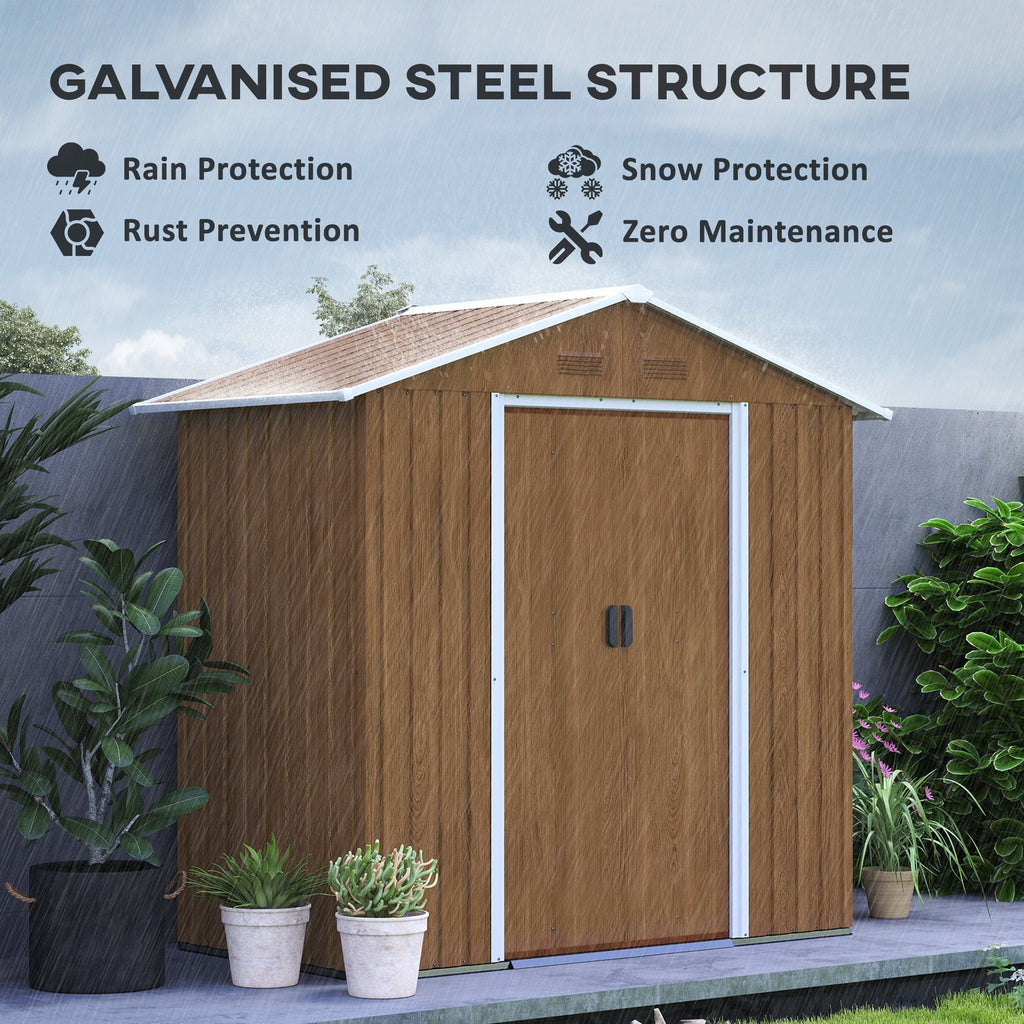 Outsunny 6.5 x 3.5ft Metal Garden Storage Shed - Brown Wood Effect - SGP Garden Ltd