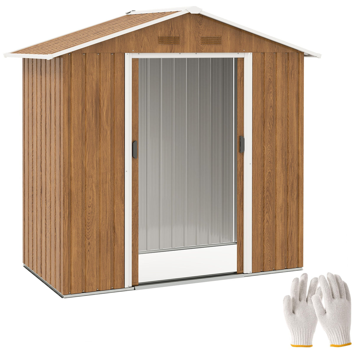 Outsunny 6.5 x 3.5ft Metal Garden Storage Shed - Brown Wood Effect - SGP Garden Ltd