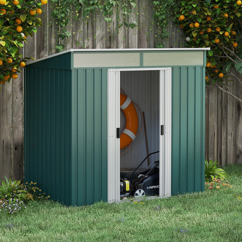 Outsunny 6.5 x 4FT Galvanised Metal Shed with Foundation Kit, Lockable Tool Garden Shed with Double Sliding Doors, Vents, Green - SGP Garden Ltd