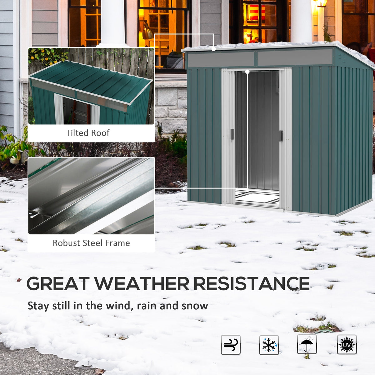 Outsunny 6.5 x 4FT Galvanised Metal Shed with Foundation Kit, Lockable Tool Garden Shed with Double Sliding Doors, Vents, Green - SGP Garden Ltd