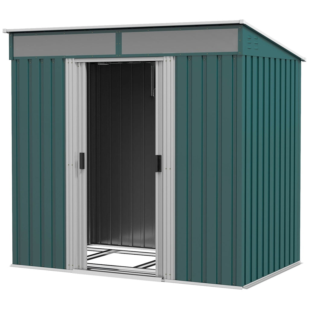 Outsunny 6.5 x 4FT Galvanised Metal Shed with Foundation Kit, Lockable Tool Garden Shed with Double Sliding Doors, Vents, Green - SGP Garden Ltd
