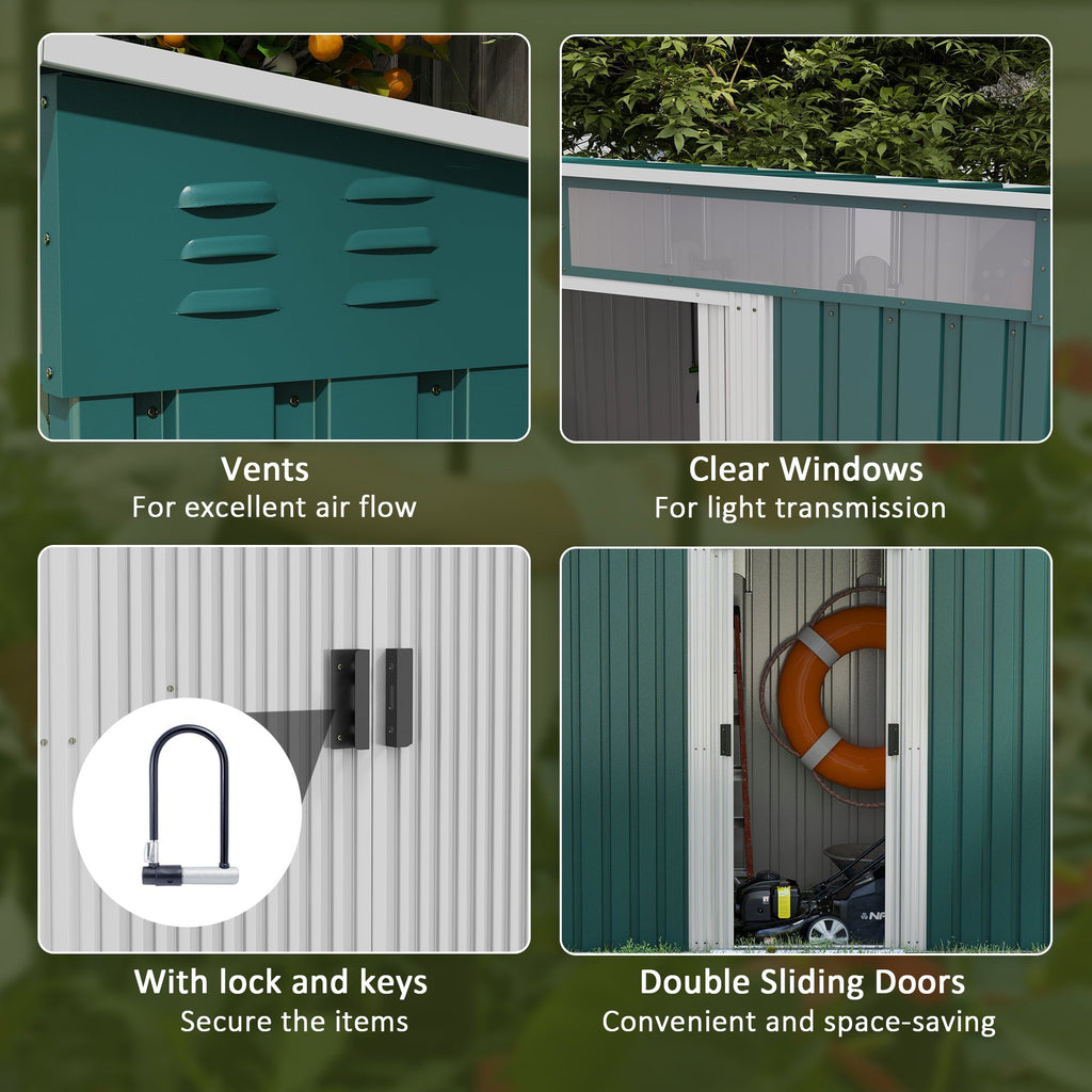 Outsunny 6.5 x 4FT Galvanised Metal Shed with Foundation Kit, Lockable Tool Garden Shed with Double Sliding Doors, Vents, Green - SGP Garden Ltd