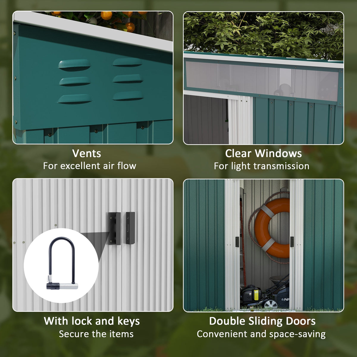 Outsunny 6.5 x 4FT Galvanised Metal Shed with Foundation Kit, Lockable Tool Garden Shed with Double Sliding Doors, Vents, Green - SGP Garden Ltd