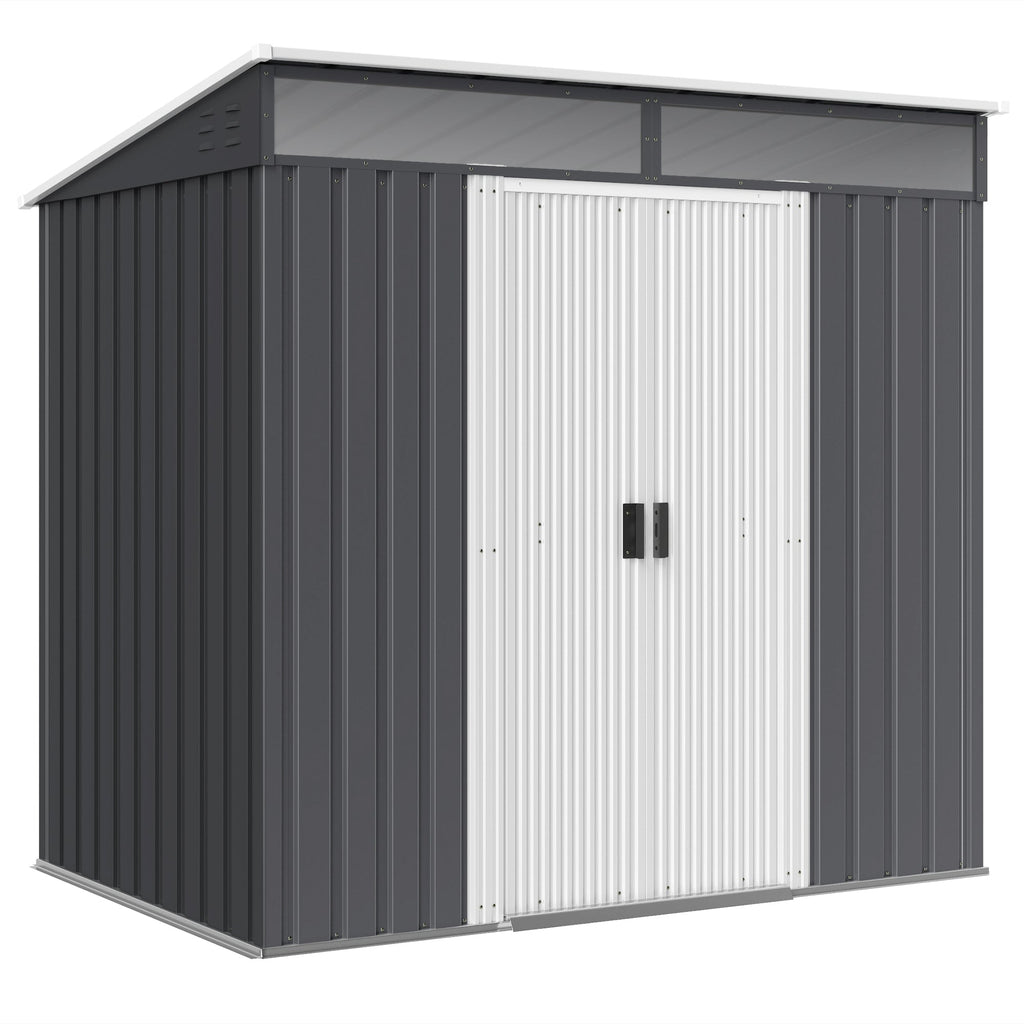 Outsunny 6.5 x 4FT Galvanised Metal Shed with Foundation Kit, Lockable Tool Garden Shed with Double Sliding Doors, Vents, Grey - SGP Garden Ltd