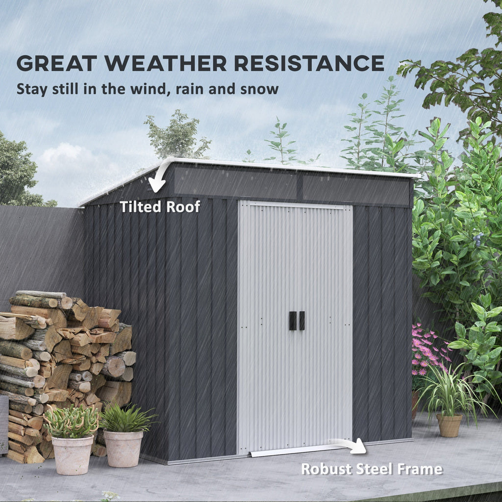 Outsunny 6.5 x 4FT Galvanised Metal Shed with Foundation Kit, Lockable Tool Garden Shed with Double Sliding Doors, Vents, Grey - SGP Garden Ltd