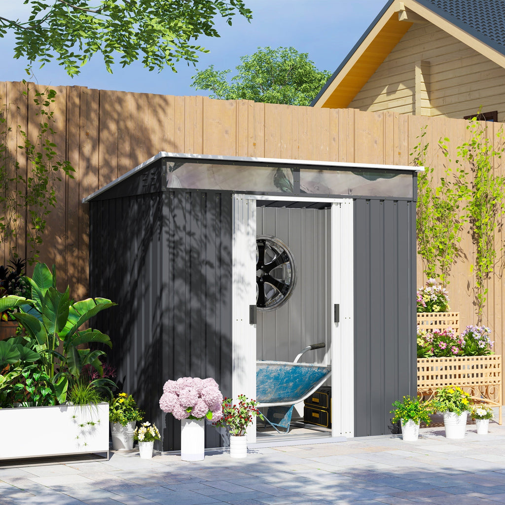 Outsunny 6.5 x 4FT Galvanised Metal Shed with Foundation Kit, Lockable Tool Garden Shed with Double Sliding Doors, Vents, Grey - SGP Garden Ltd