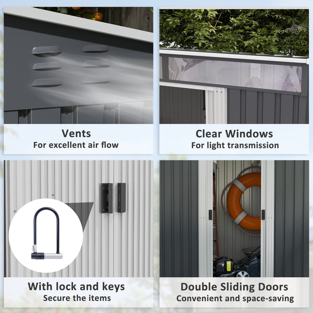 Outsunny 6.5 x 4FT Galvanised Metal Shed with Foundation Kit, Lockable Tool Garden Shed with Double Sliding Doors, Vents, Grey - SGP Garden Ltd