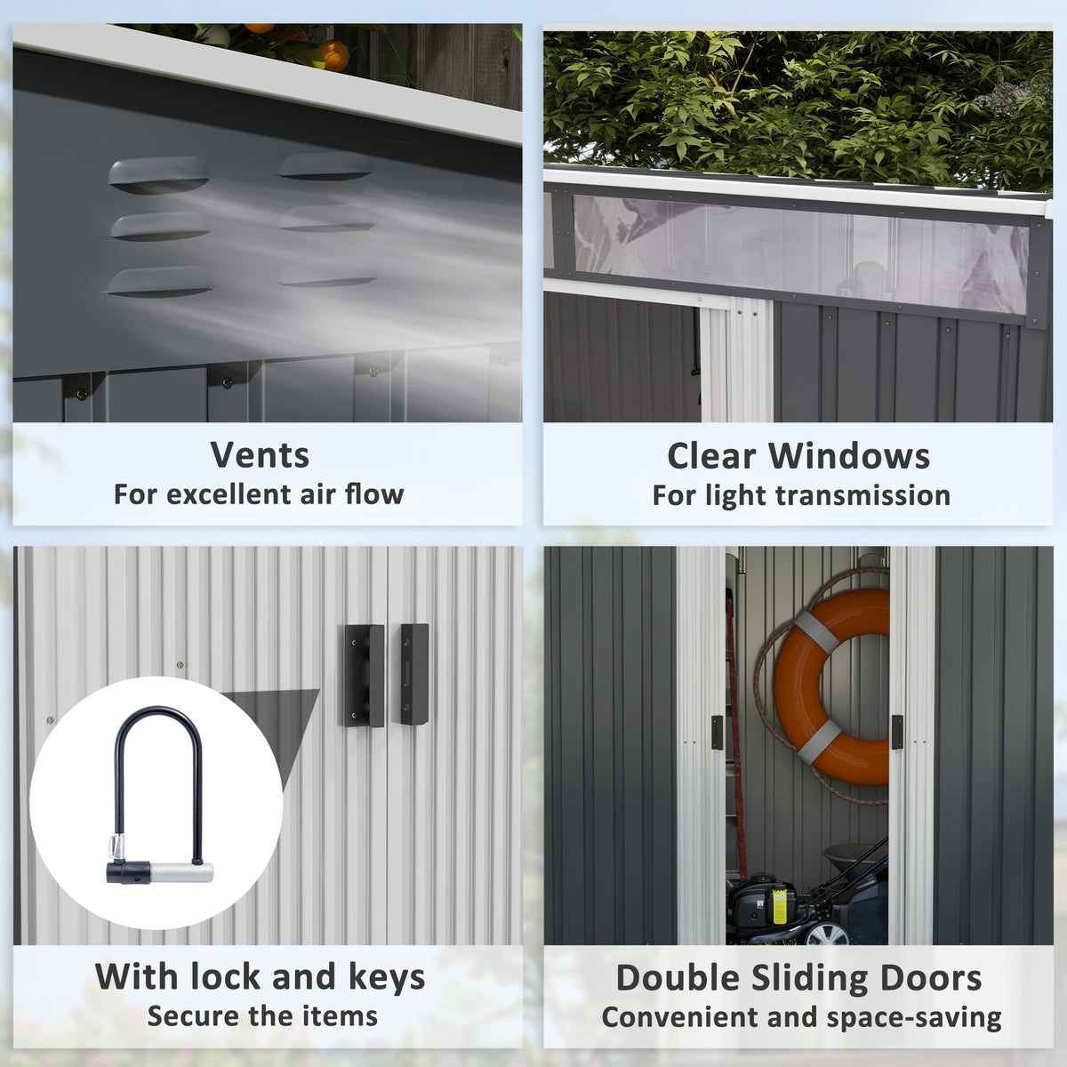 Outsunny 6.5 x 4FT Galvanised Metal Shed with Foundation Kit, Lockable Tool Garden Shed with Double Sliding Doors, Vents, Grey - SGP Garden Ltd