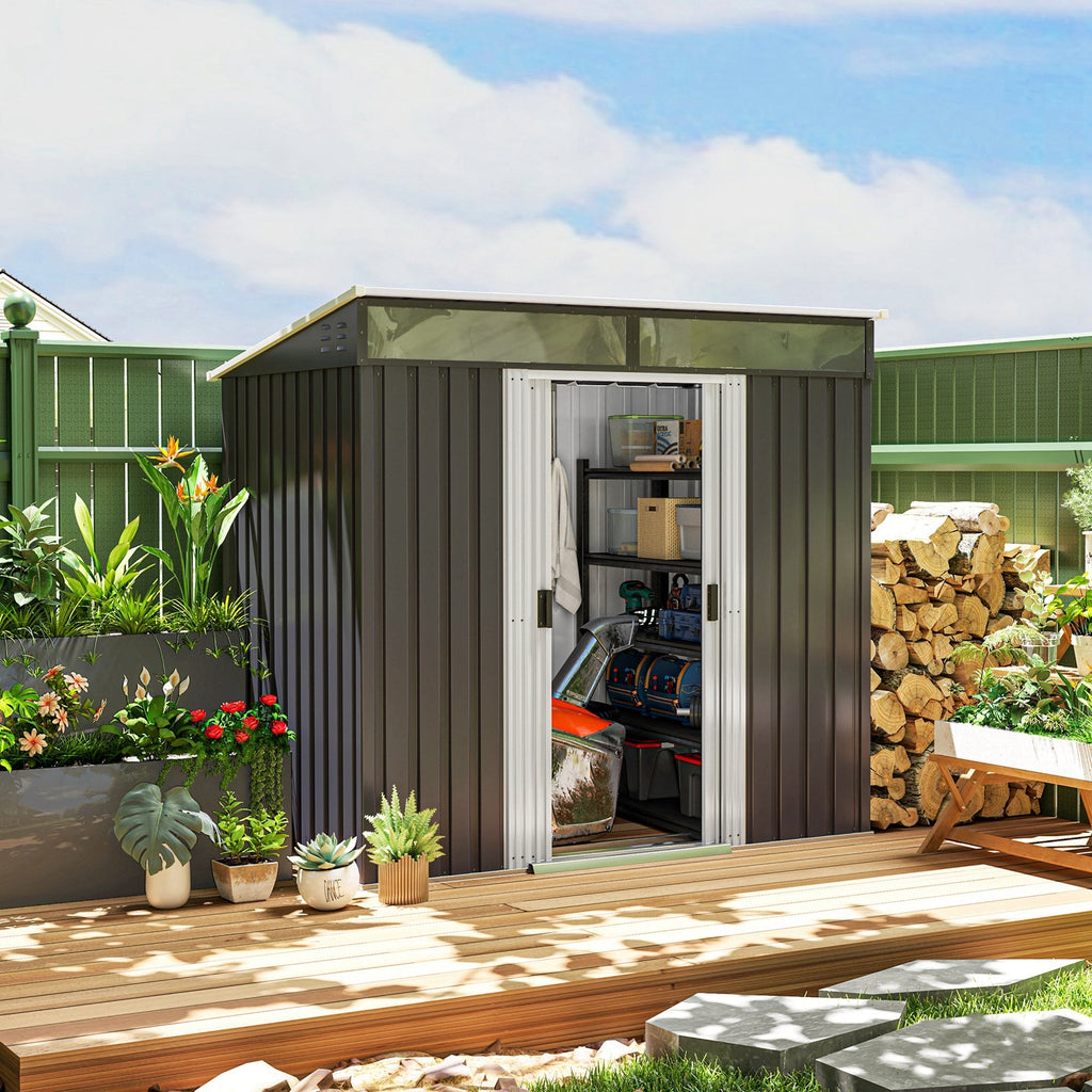 Outsunny 6.5 x 4FT Galvanised Metal Shed with Foundation Kit, Lockable Tool Garden Shed with Double Sliding Doors, Vents, Grey - SGP Garden Ltd