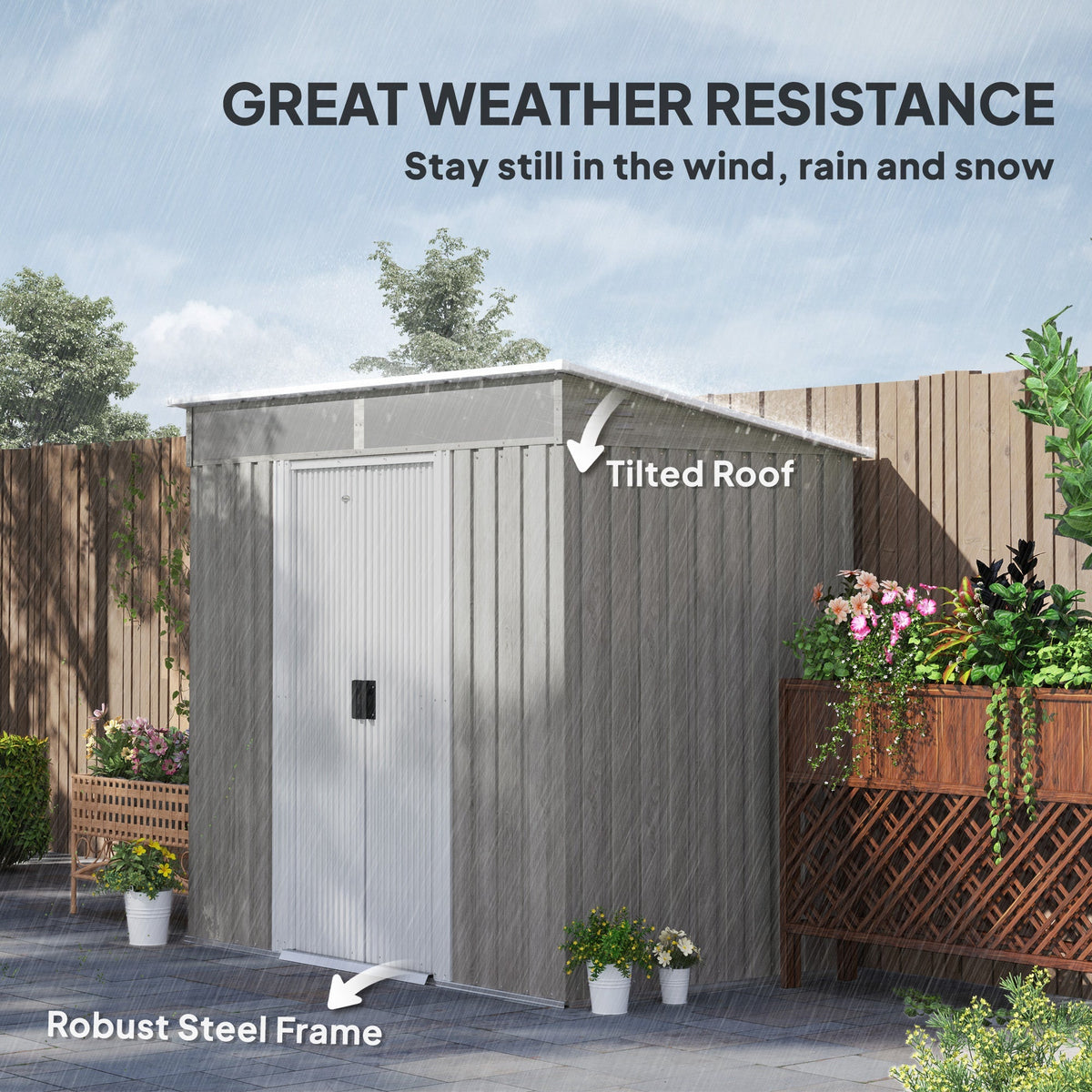 Outsunny 6.5 x 4FT Galvanised Metal Shed with Foundation Kit, Lockable Tool Garden Shed with Double Sliding Doors, Vents, Light Grey Wood Effect - SGP Garden Ltd