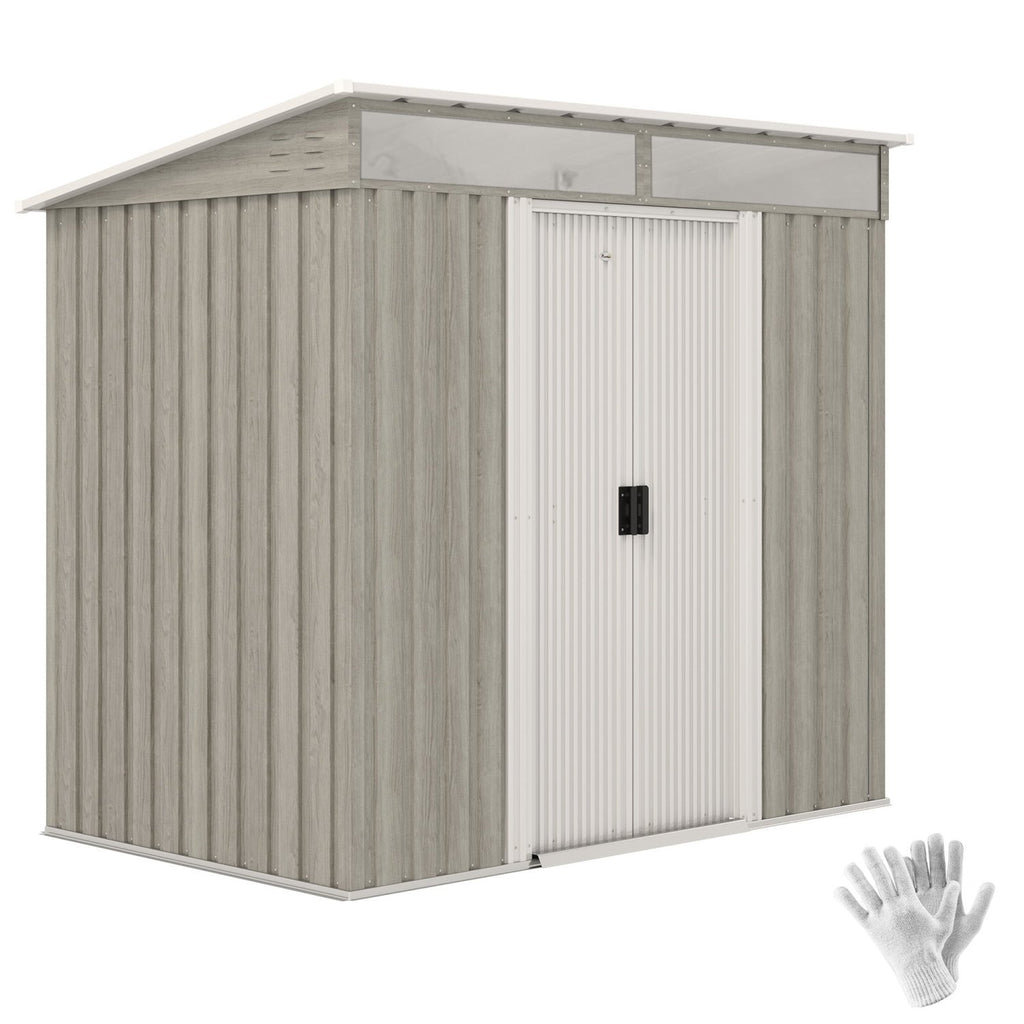 Outsunny 6.5 x 4FT Galvanised Metal Shed with Foundation Kit, Lockable Tool Garden Shed with Double Sliding Doors, Vents, Light Grey Wood Effect - SGP Garden Ltd