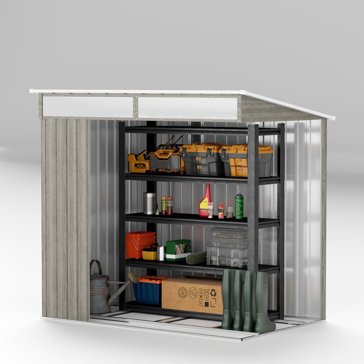 Outsunny 6.5 x 4FT Galvanised Metal Shed with Foundation Kit, Lockable Tool Garden Shed with Double Sliding Doors, Vents, Light Grey Wood Effect - SGP Garden Ltd
