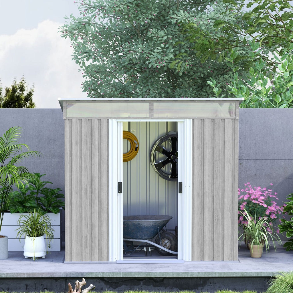 Outsunny 6.5 x 4FT Galvanised Metal Shed with Foundation Kit, Lockable Tool Garden Shed with Double Sliding Doors, Vents, Light Grey Wood Effect - SGP Garden Ltd