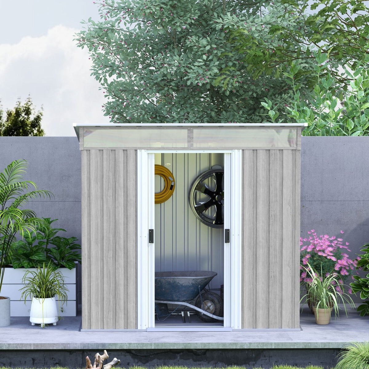 Outsunny 6.5 x 4FT Galvanised Metal Shed with Foundation Kit, Lockable Tool Garden Shed with Double Sliding Doors, Vents, Light Grey Wood Effect - SGP Garden Ltd