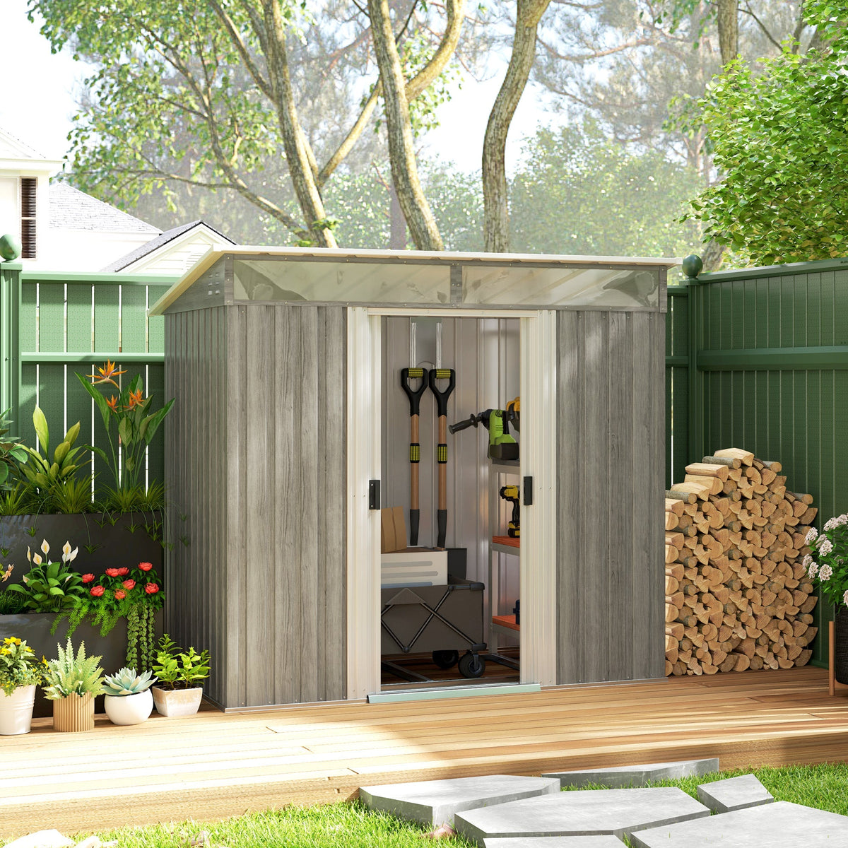 Outsunny 6.5 x 4FT Galvanised Metal Shed with Foundation Kit, Lockable Tool Garden Shed with Double Sliding Doors, Vents, Light Grey Wood Effect - SGP Garden Ltd