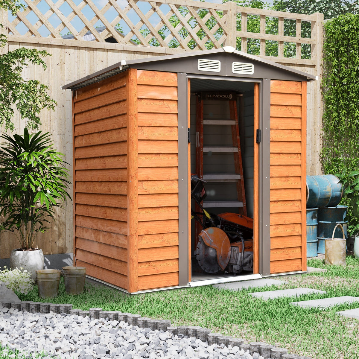 Outsunny 6.5 x 5ft Garden Shed, Metal Storage Tool House Gardening Tool Storage with Shutter Vents, Brown - SGP Garden Ltd