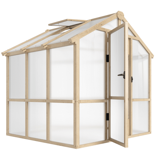Outsunny 6.6 x 6ft Wooden Polycarbonate Greenhouse with Lockable Door, Brown - SGP Garden Ltd