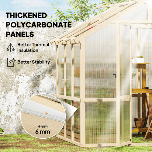 Outsunny 6.6 x 6ft Wooden Polycarbonate Greenhouse with Lockable Door, Brown - SGP Garden Ltd