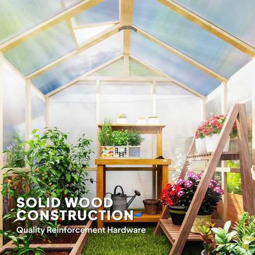 Outsunny 6.6 x 6ft Wooden Polycarbonate Greenhouse with Lockable Door, Brown - SGP Garden Ltd