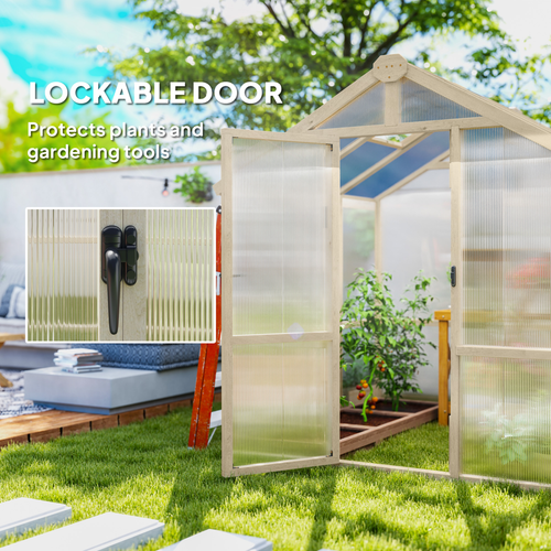 Outsunny 6.6 x 6ft Wooden Polycarbonate Greenhouse with Lockable Door, Brown - SGP Garden Ltd