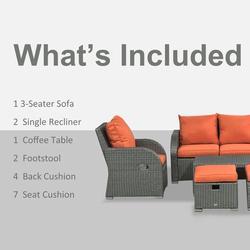 Outsunny 6pc Padded Outdoor Rattan Wicker 3-Seat Sofa Recliner Footstool Table - SGP Garden Ltd