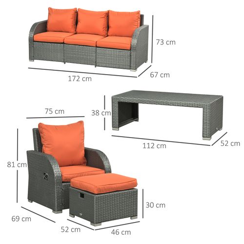 Outsunny 6pc Padded Outdoor Rattan Wicker 3-Seat Sofa Recliner Footstool Table - SGP Garden Ltd
