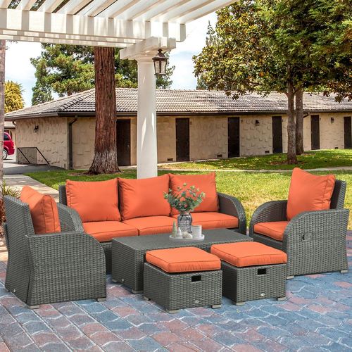 Outsunny 6pc Padded Outdoor Rattan Wicker 3-Seat Sofa Recliner Footstool Table - SGP Garden Ltd