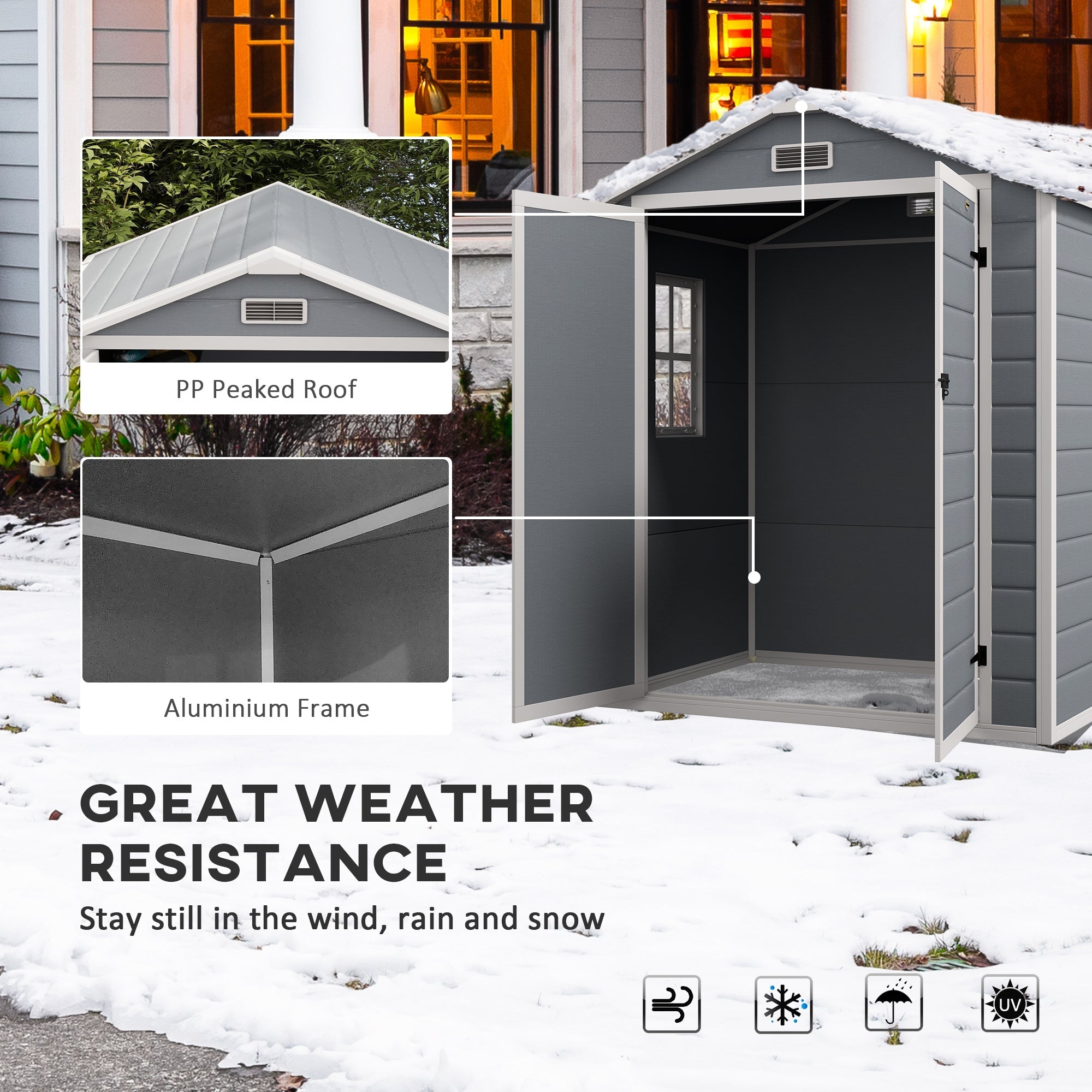 Outsunny 6'x4.5' Garden Storage Shed, Lockable Garden Shed with Double Doors, Window, Vent and Plastic Roof, Grey - SGP Garden Ltd