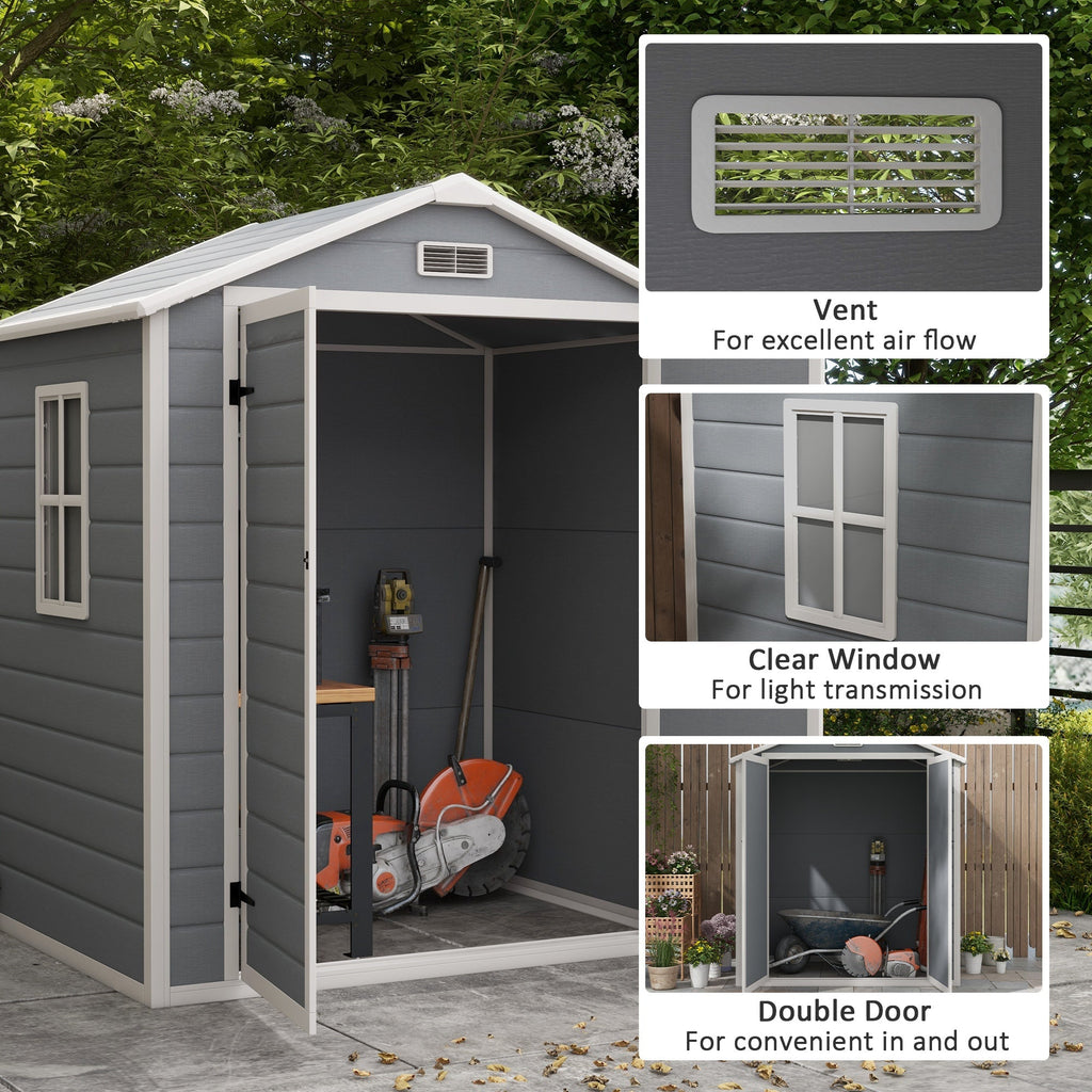 Outsunny 6'x4.5' Garden Storage Shed, Lockable Garden Shed with Double Doors, Window, Vent and Plastic Roof, Grey - SGP Garden Ltd
