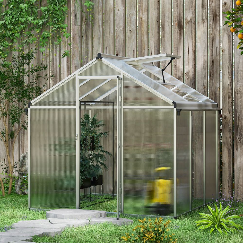 Outsunny 6x6ft Aluminium Greenhouse - Door Window Galvanised Base PC Panel - SGP Garden Ltd