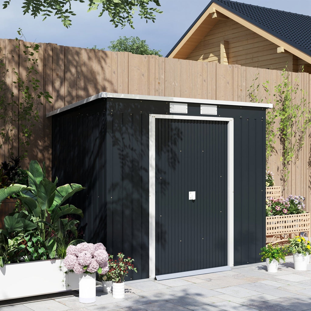 Outsunny 7 x 4ft Galvanised Steel Garden Shed, with Foundation Kit - Dark Grey - SGP Garden Ltd