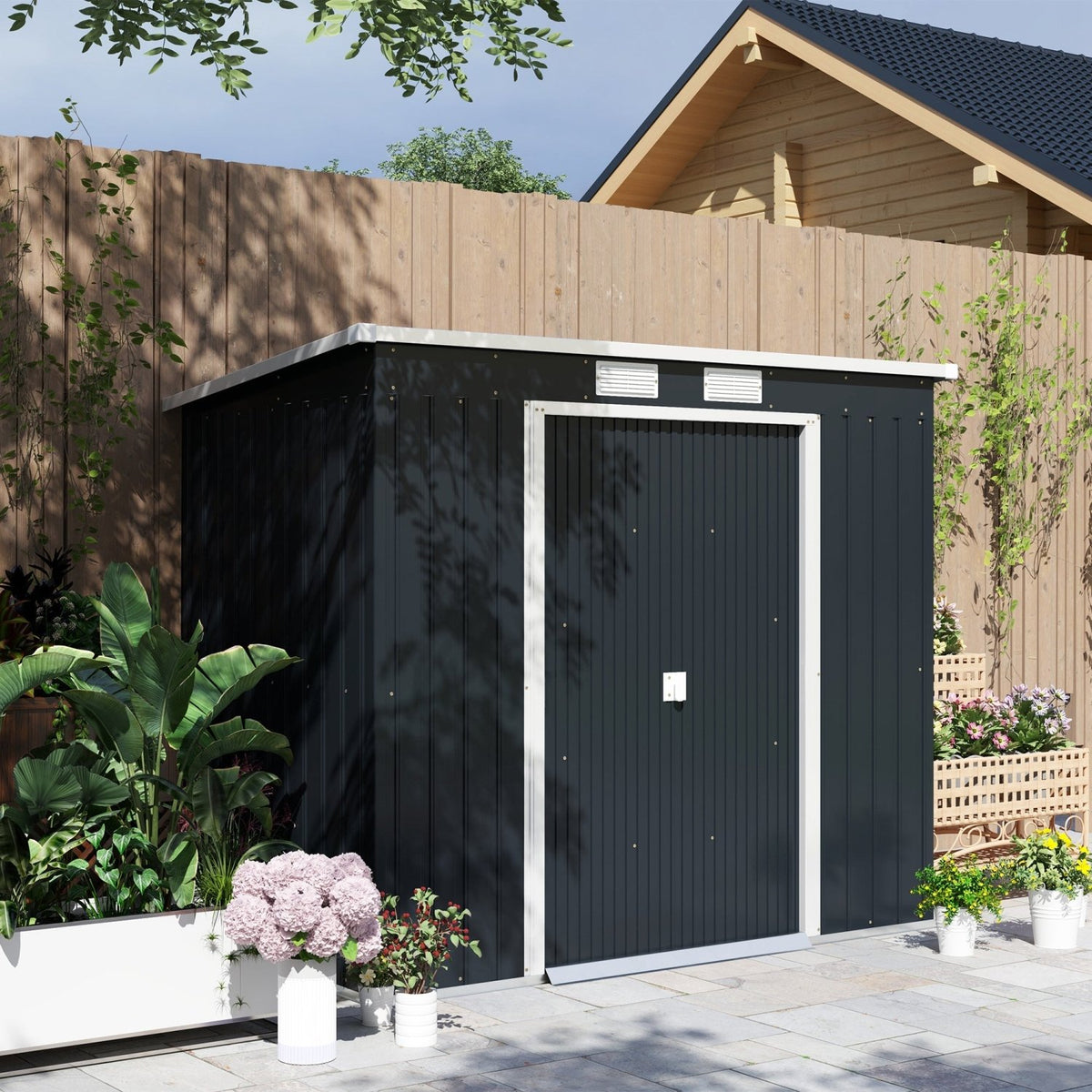 Outsunny 7 x 4ft Galvanised Steel Garden Shed, with Foundation Kit - Dark Grey - SGP Garden Ltd