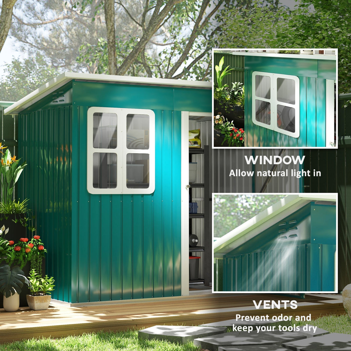 Outsunny 7 x 4ft Galvanised Steel Garden Shed, with Lock and Gloves - Green - SGP Garden Ltd