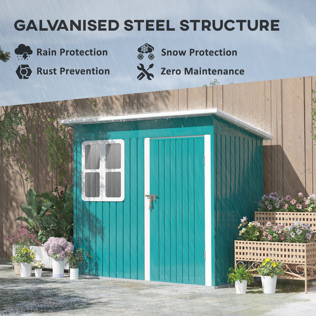 Outsunny 7 x 4ft Galvanised Steel Garden Shed, with Lock and Gloves - Green - SGP Garden Ltd