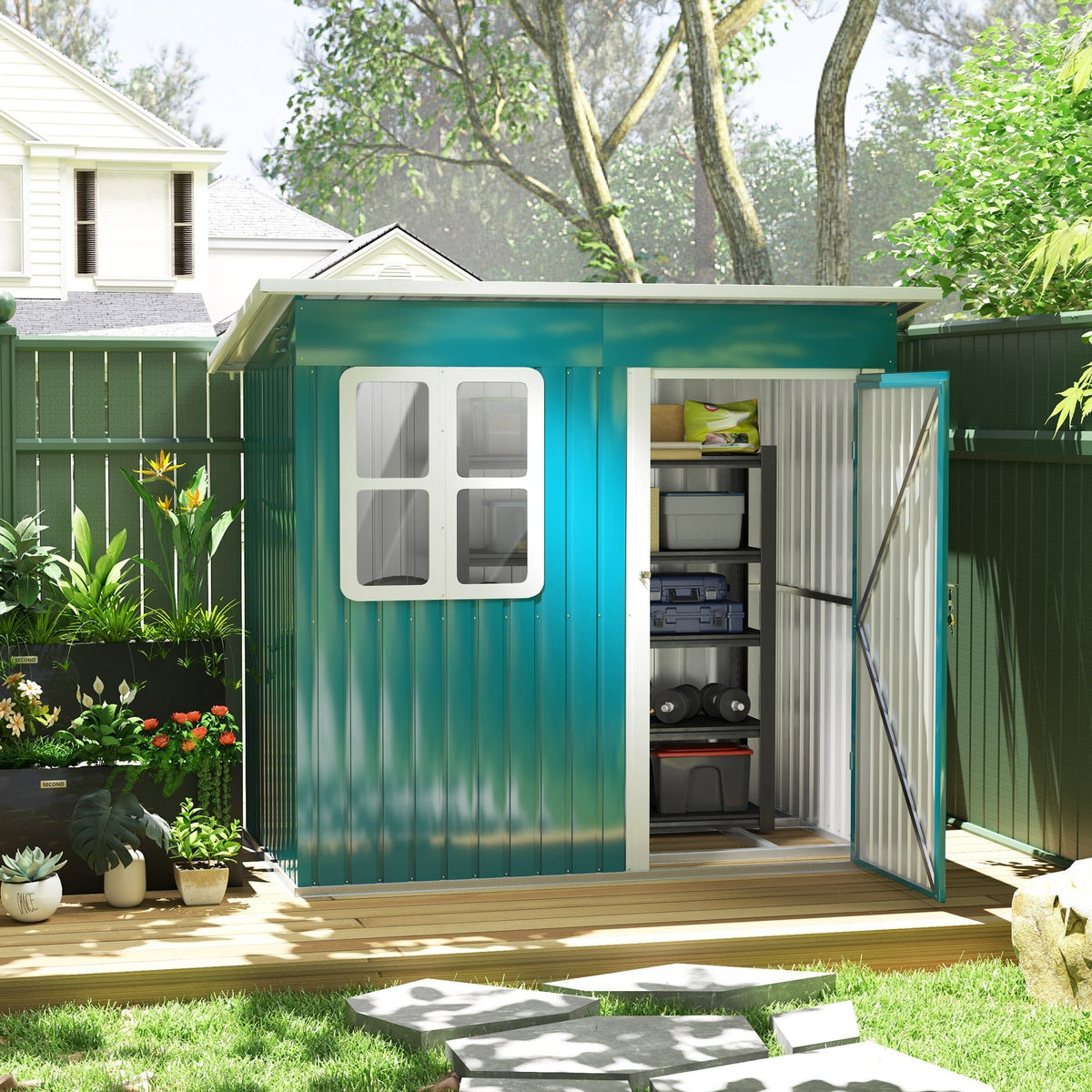 Outsunny 7 x 4ft Galvanised Steel Garden Shed, with Lock and Gloves - Green - SGP Garden Ltd