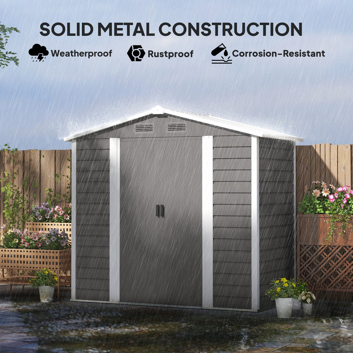 Outsunny 7 x 4ft Garden Shed, Easy to Assemble, Upgraded Galvanised Steel Frame with Foundation Kit, Double Doors with Lock, Outdoor Metal Shed with Vents and Gloves, Garden Storage Shed, Light Grey - SGP Garden Ltd