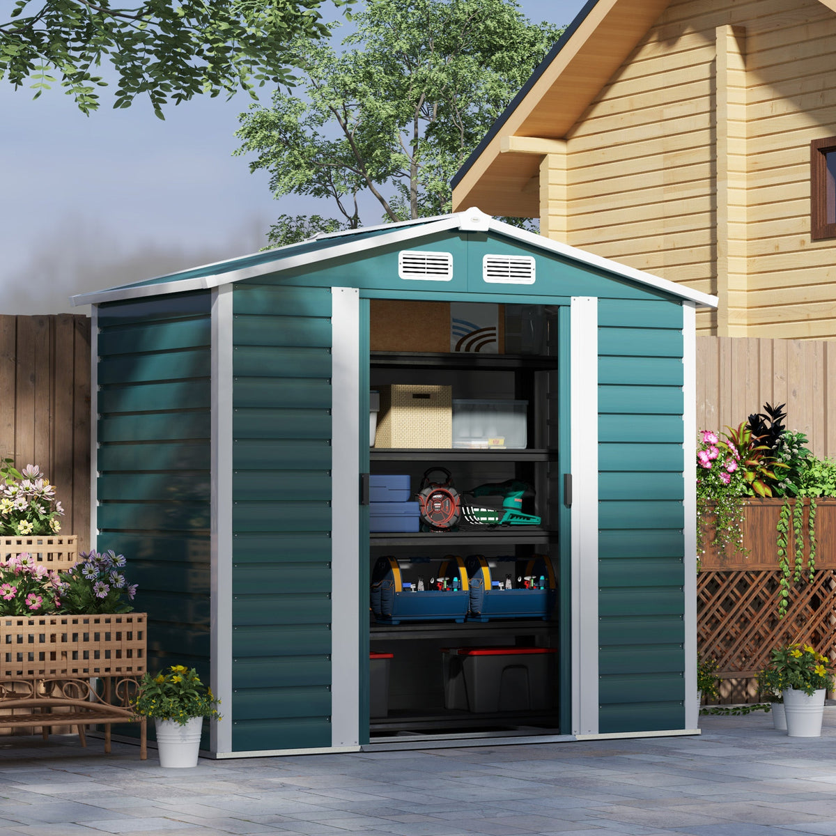 Outsunny 7 x 4ft Garden Shed, Easy to Assemble, Upgraded Galvanised Steel Frame with Foundation Kit, Double Doors with Lock, Outdoor Metal Shed with Vents and Gloves, Garden Storage Shed, Green - SGP Garden Ltd